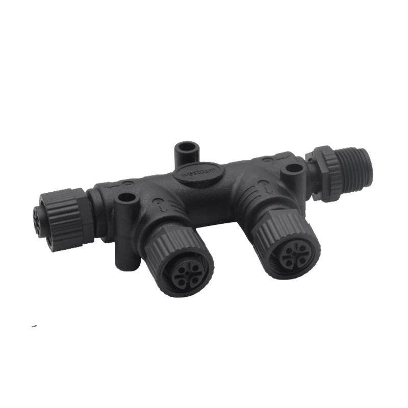 M12防水连接器NMEA2000转接头T型船舶CAN现场总线塑胶四通航插m12