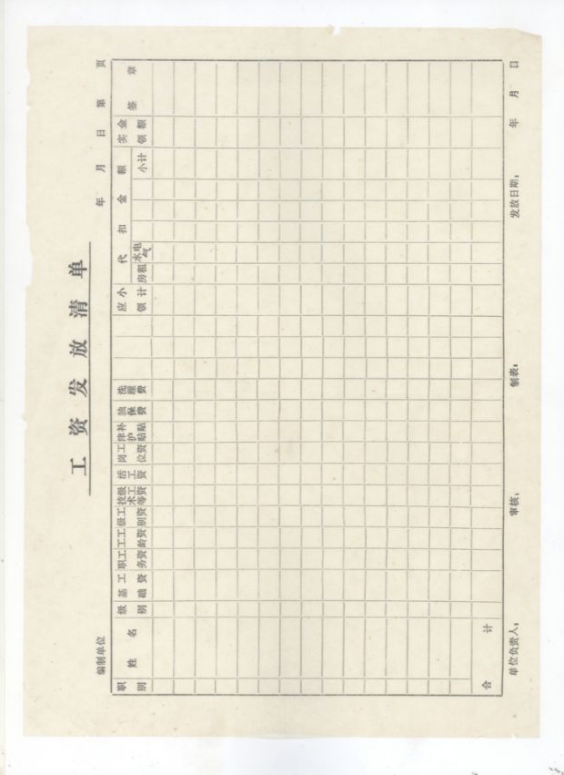 速发年月份职工工资支付明细表30克单胶竖纹工资表调资表老旧档案
