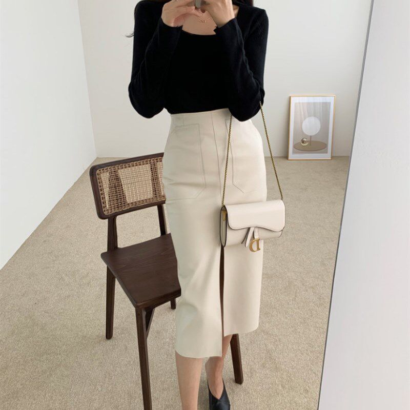 气质开叉包臀裙2021新款女早春中长款半身裙PU小皮裙高腰显瘦裙子