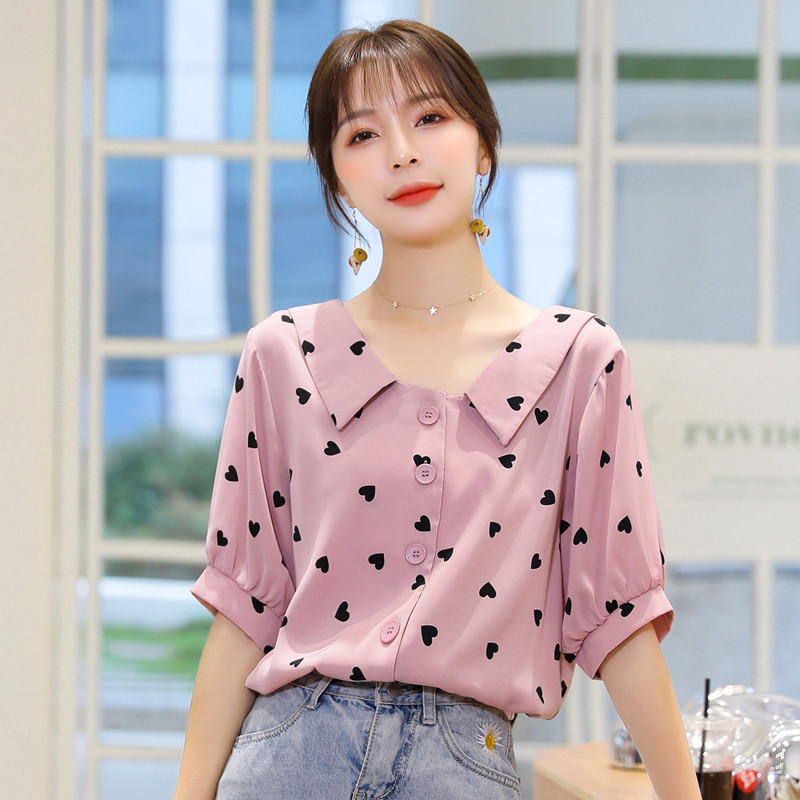 雪纺衬衫女设计感小众2023新款夏季薄款韩版宽松减龄气质短袖上衣