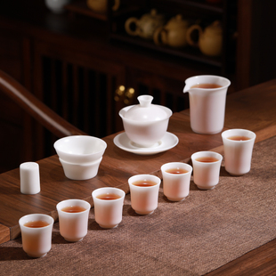 家用手工白瓷潮汕功夫茶具盖碗茶杯全套高档礼盒装 羊脂玉茶具套装