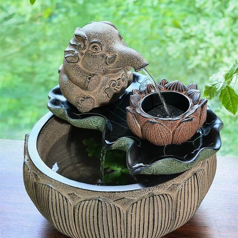 办公室装饰大象吐水流水生财摆件循环水茶室布置鱼池茶桌水系景观