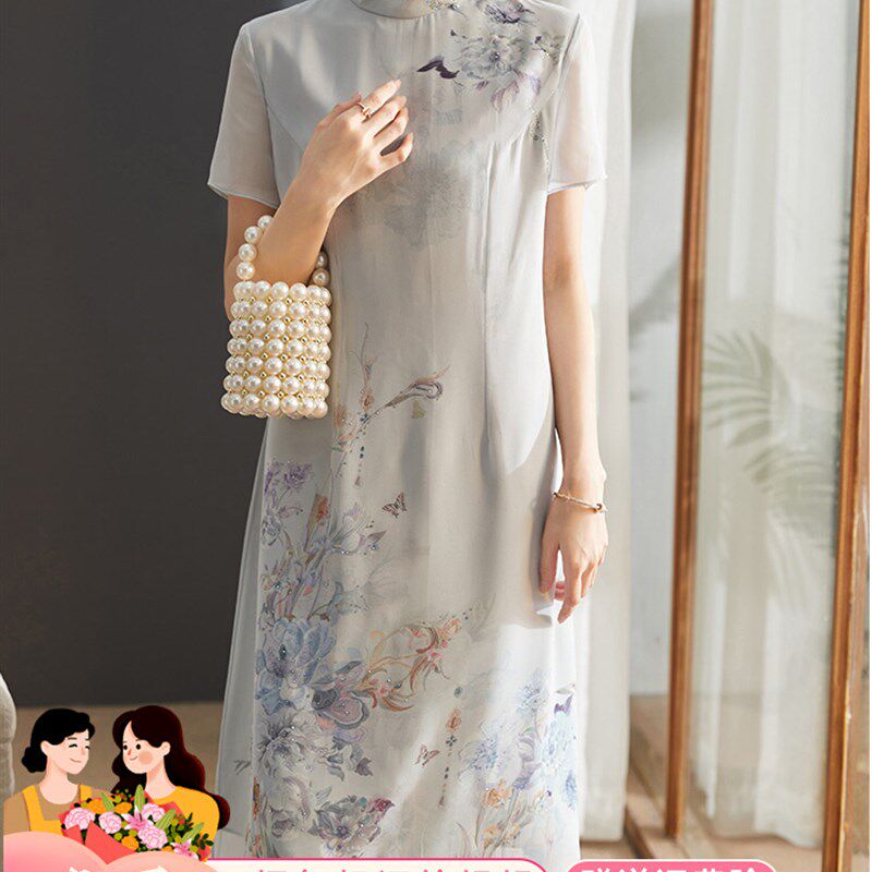 中国风妈妈夏装旗袍连衣裙中老年女夏季雪纺裙子洋气质新中式长裙