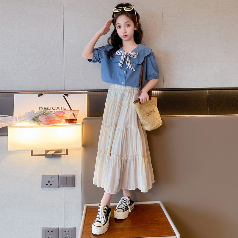 现货女童连衣裙夏季202s3新款大童洋气网红夏装牛仔上衣半身裙两