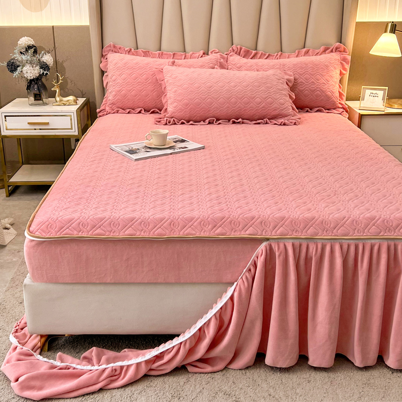 推荐保暖牛奶蜜桃绒夹棉床笠式床裙单件可拆卸加厚珊瑚绒床罩防滑