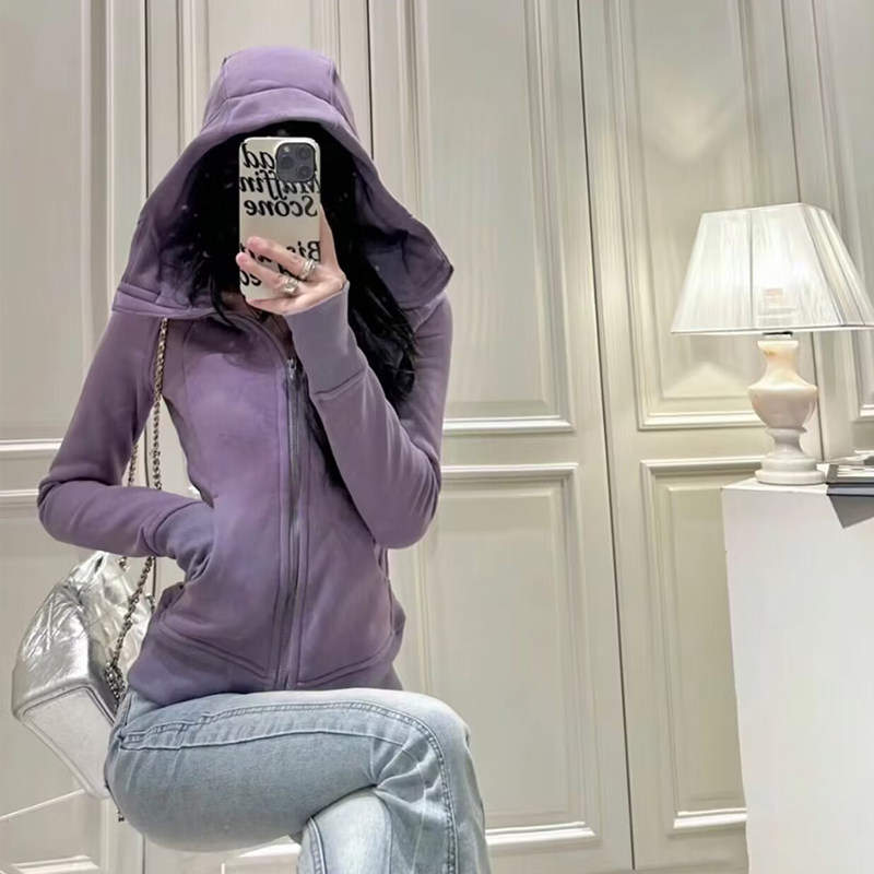 热销紫色紧身外套女春秋修身连帽卫衣短款上衣运动套装春季女装瑜