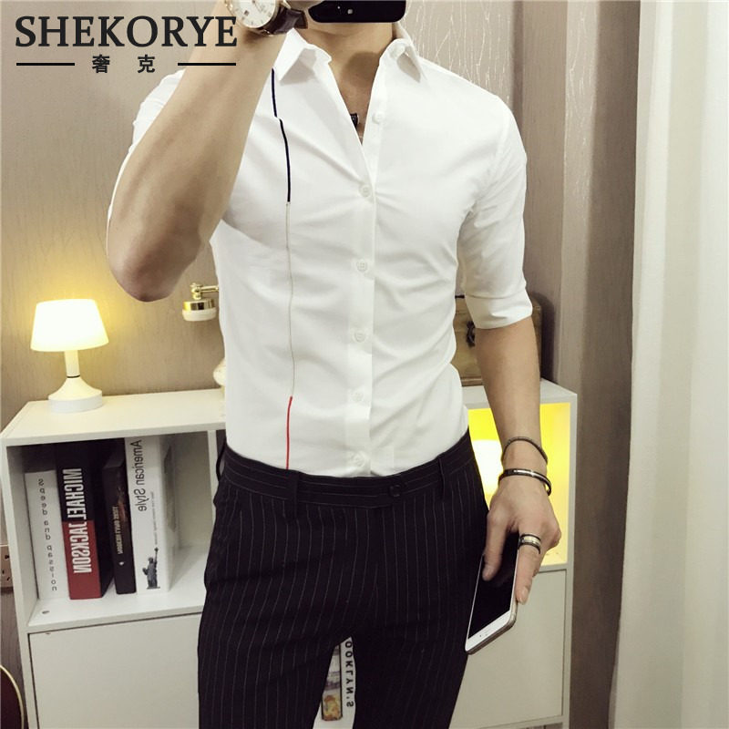 夏季七分袖衬衫男短袖修身潮流高级感型男轻奢中袖休闲五分袖衬衣
