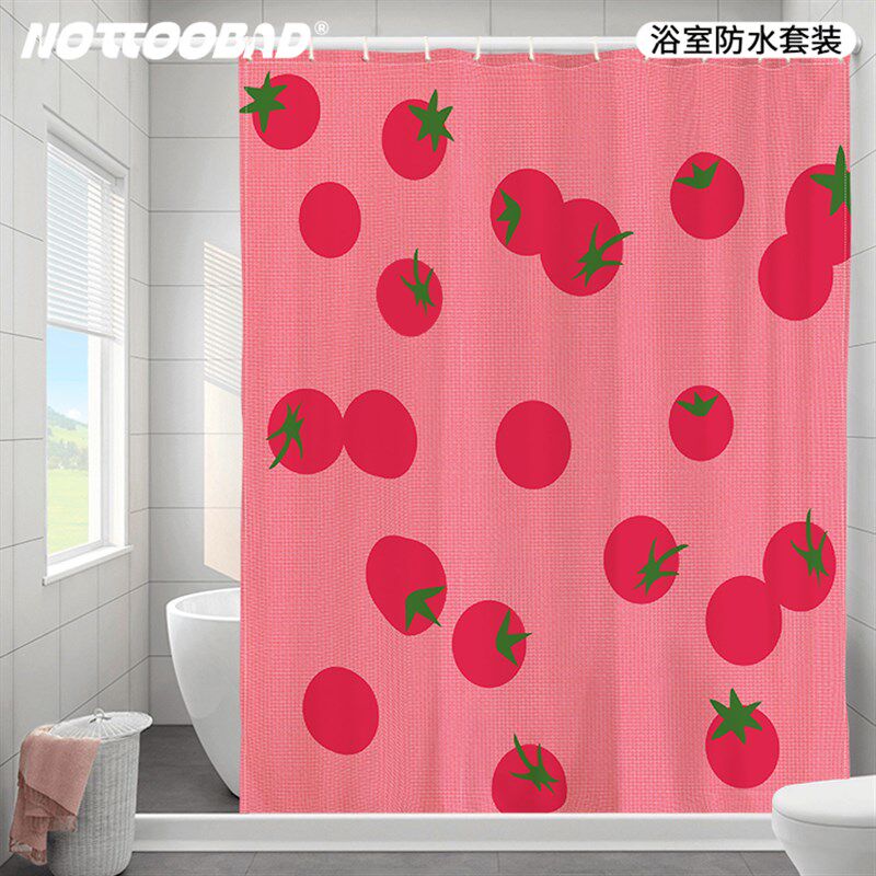 还行 手绘水果插画浴室加厚防霉防水浴帘免打孔套装淋浴隔断帘子