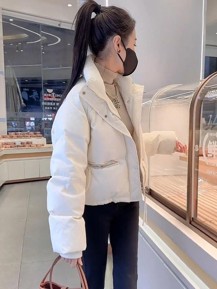 韩国2023新款冬女士羽绒棉服小个子短款白鸭绒纯色立领面包服外套