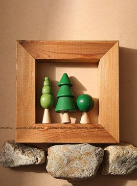 北欧木质森林小树摆件树木房子积木彩虹绿色小房子石头微景观