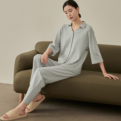 韩版休闲睡衣女春秋开衫两件套半袖长裤简约宽松可外穿家居服套装