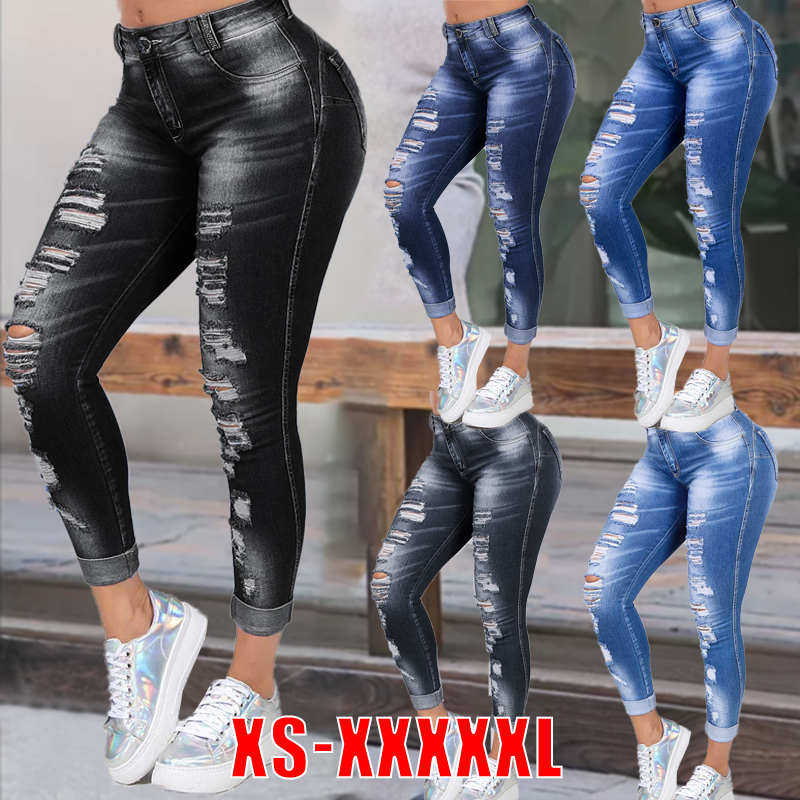 推荐High Waist Skinny Ripped Jeans Women 2020 Fashion Trouse