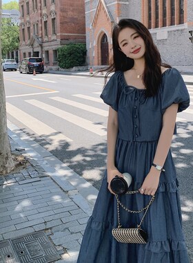 蓝色两件套牛仔连衣裙女夏季流行网红爆款炸街套装裙洋气时尚长裙