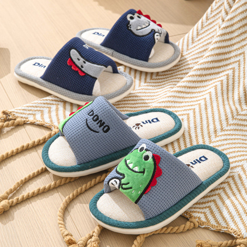 男童拖鞋春秋季h儿童亚麻家居大童防滑室内卡通恐龙男孩宝宝布拖