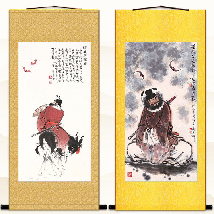 钟馗骑驴图 纳福图神像画 人物神仙卷轴挂画 中式装饰字画丝绸画