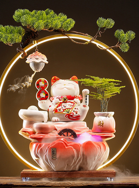 简约现代招财猫流水客厅店铺w前台办公室桌面创意循环水摆件装饰