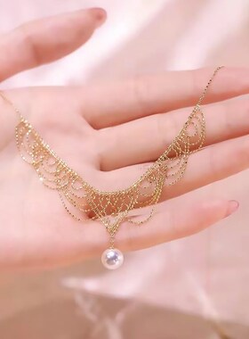 金色流苏锁骨链复古超仙颈带珍珠配饰小众设计颈链简约Z高级感项