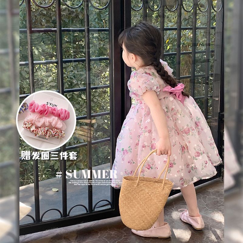 新品女童连c衣裙夏装洋气仙女裙2023新款小女孩碎花雪纺公主裙蓬