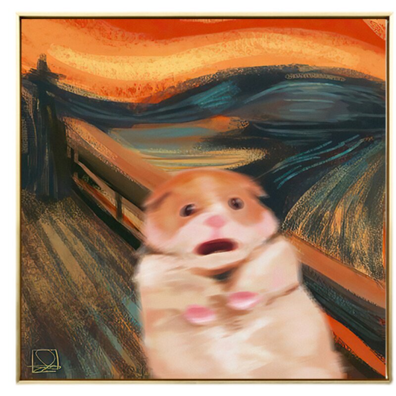 萌趣恶搞蒙克仓鼠呐喊复古花卉宠物客厅餐厅儿童房装饰画