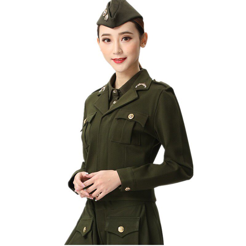 正品水兵舞服装女列宁装水冰舞短外套春秋冬套装列宁服军绿色演出