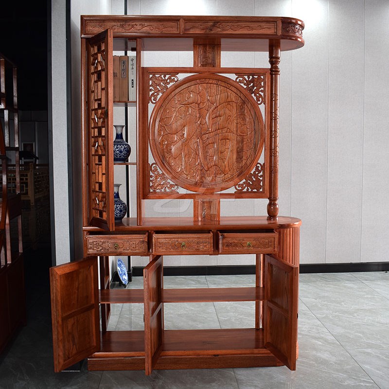 新中式仿古实木家用入户门龙柱玄关柜双面屏风隔断客厅遮挡福字柜