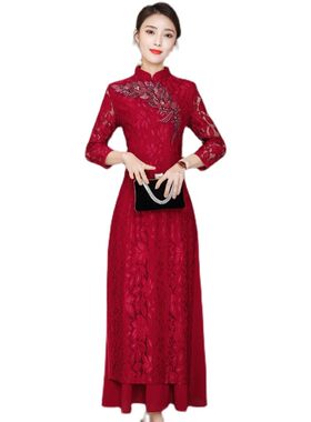 妈妈长袖婚礼服改良旗袍秋季女2021新款喜婆婆婚宴红色蕾丝连衣裙