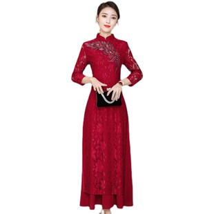 妈妈长袖婚礼服改良旗袍秋季女2021新款喜婆婆婚宴红色蕾丝连衣裙