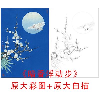 工笔画白描底稿花实李n晓明三开暗香浮动临线描步摹鸟物打印稿KB1