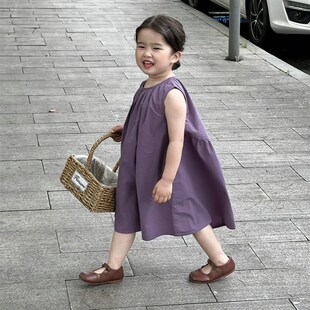 女童棉布连衣裙2023夏季款儿童韩版后背漏空设计感背心裙无袖裙子