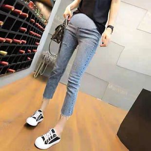 孕妇烟管牛仔裤女八分小个子2022春秋薄款款显瘦黑色破洞九分直筒