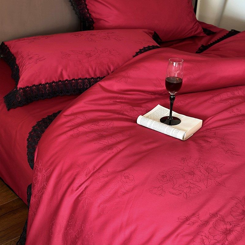 高级感红色提花长绒棉四件套轻奢风婚庆全棉蕾丝被套结婚奢华床品,床上用品,婚庆床品套件,淘宝优惠券,粉丝福利购,淘宝优惠卷