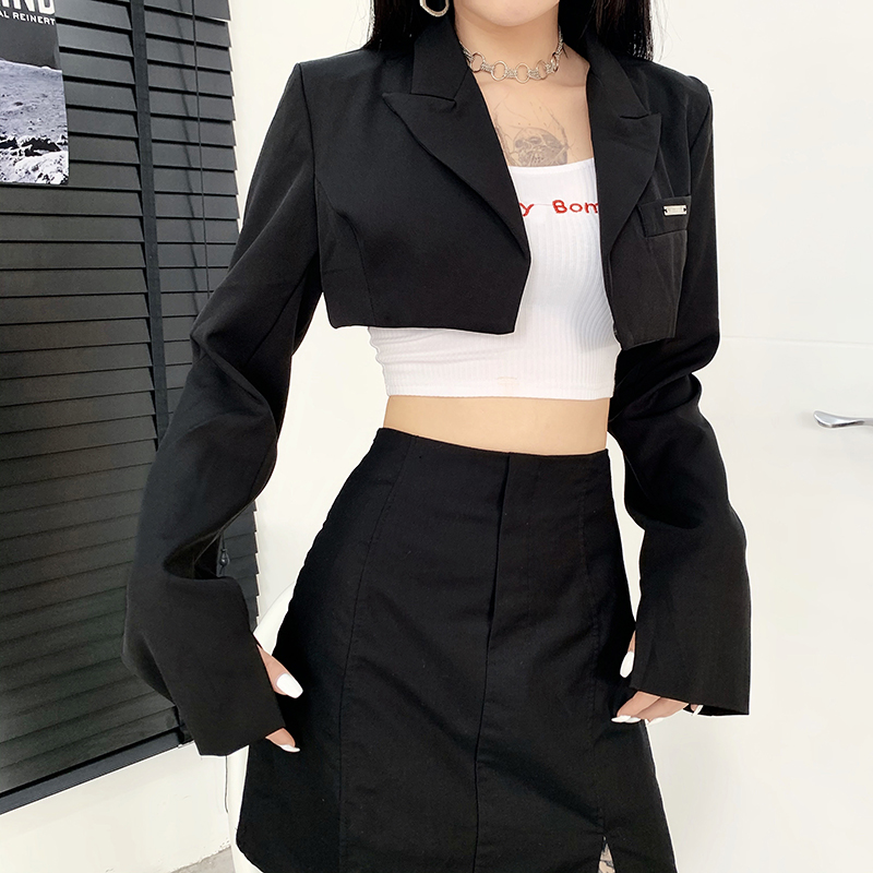 Nibber新品 西装领长袖超短款绑带设计黑色女士外套薄款小西服求