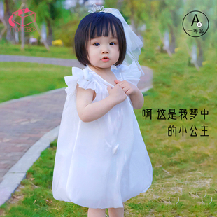 女童连衣裙夏季宝宝衣服周岁礼服小女孩夏K装洋气流光纱白色公主