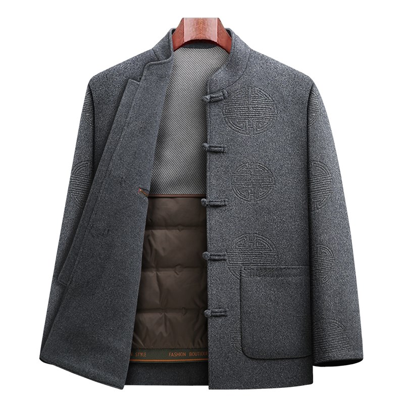 冬季唐装男士羊毛呢子外套中老年人羽绒服可脱卸内胆中国风爸爸装