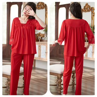 红色睡衣女本命年结婚春秋季七分袖长裤新款丝光棉妈妈套装夏