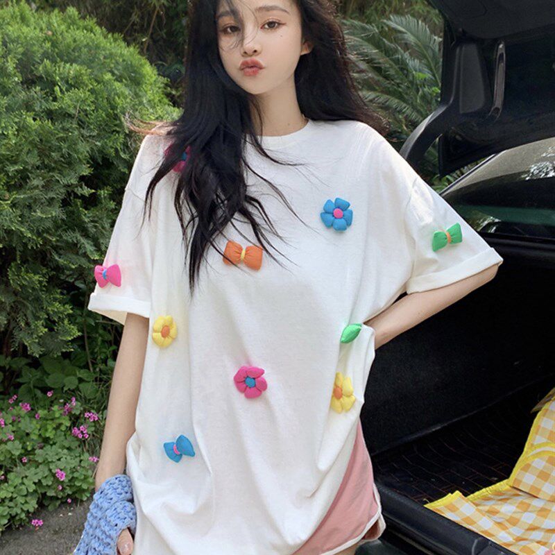 潮牌重工立体蝴蝶结花朵短袖t恤女夏季设计感宽松大码中长款上衣