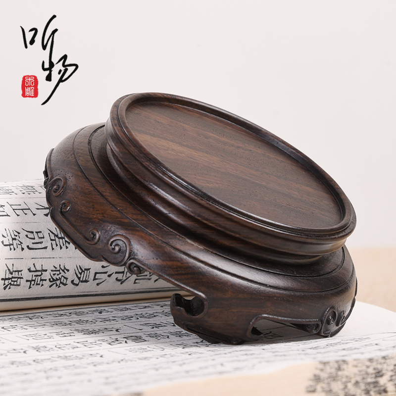 实木圆形底座花梨木整块镂空茶壶花瓶微型盆景茶杯玉石可挖槽木托