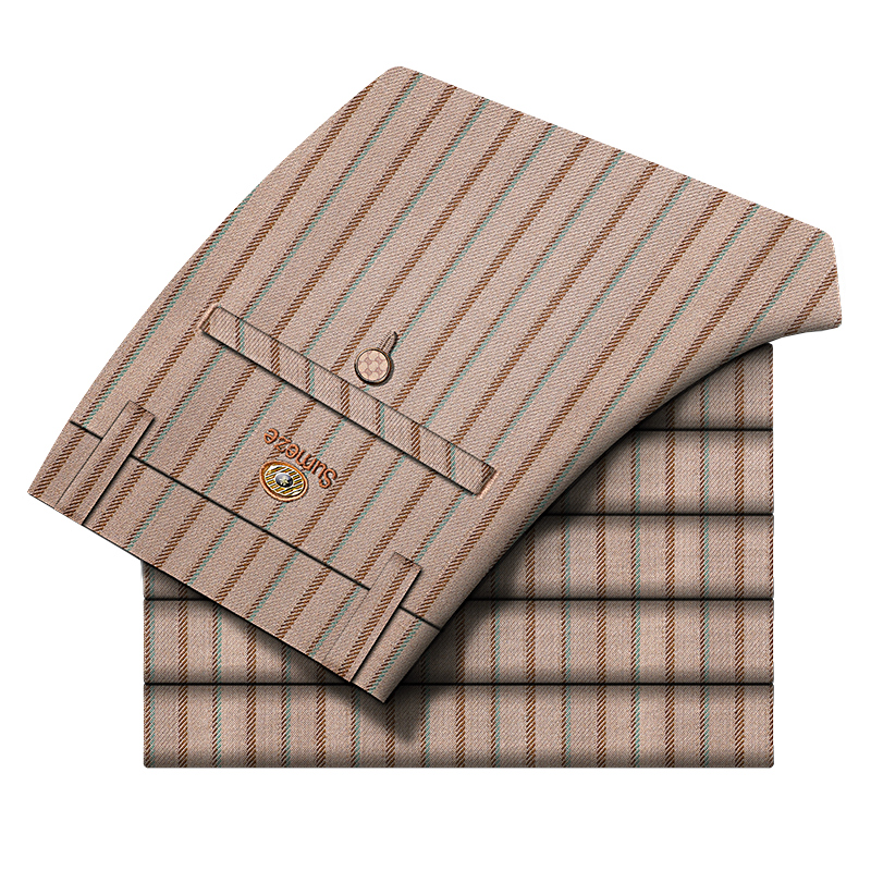 裤子男士2d024新款休闲裤男修身条纹裤长裤男咖啡色商务男士西装