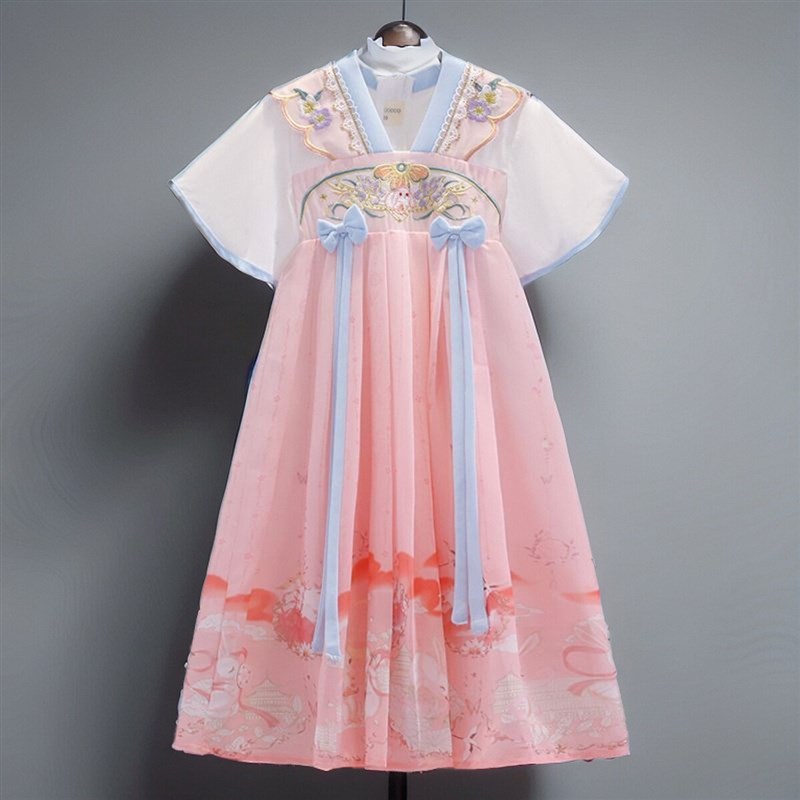 高货现货速发女童夏季裙子汉服民族风唐装小女生超仙连衣裙古装襦