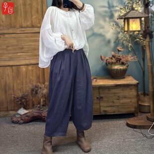 宽松垂坠九分老爹裤 子曰文艺百搭休闲亚麻阔腿裤 松紧腰显瘦灯笼裤