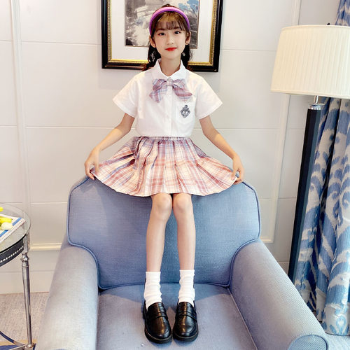 现货女童jk制服套装夏q季网红百褶裙子中大儿童学院风连衣裙两件