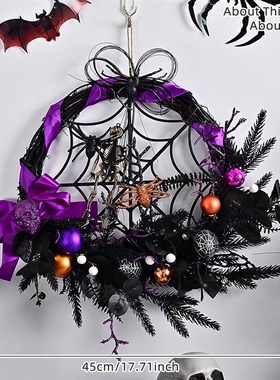 跨境万圣节d花环仿真骷髅圣诞球鬼屋恐怖派对装饰门挂紫色花环藤