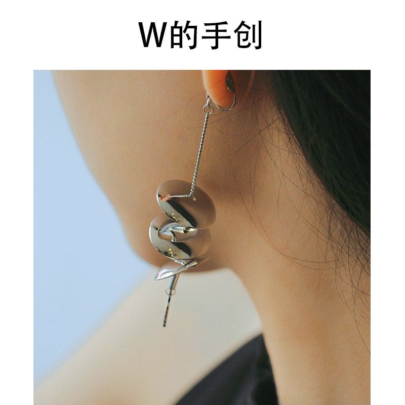 银色金属螺旋长款无耳洞耳坠夸张潮流个性时尚蚊香盘耳夹气质耳饰