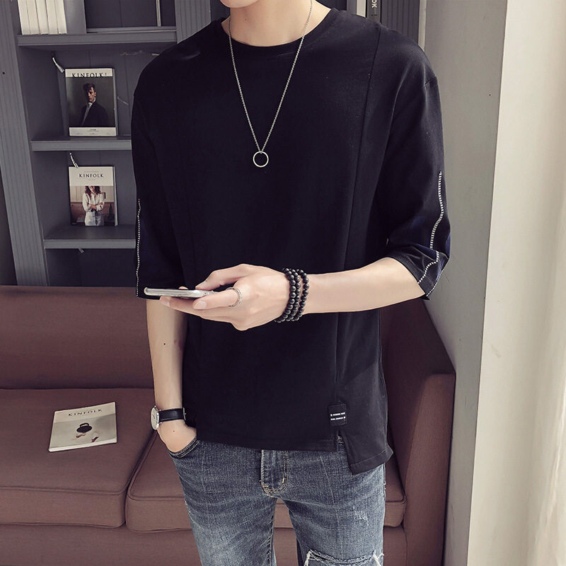 七分长袖T恤男春秋q韩版潮流修身白色短袖上衣服夏季男装