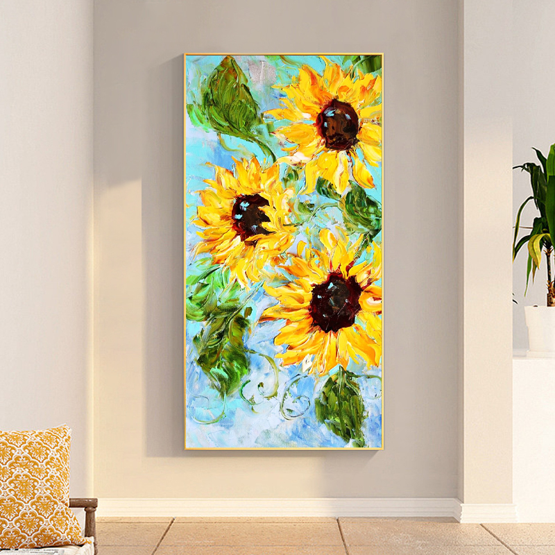 花卉植物玄关装饰画立体壁画高级感墙画客厅挂画向日葵厚肌理油画图片