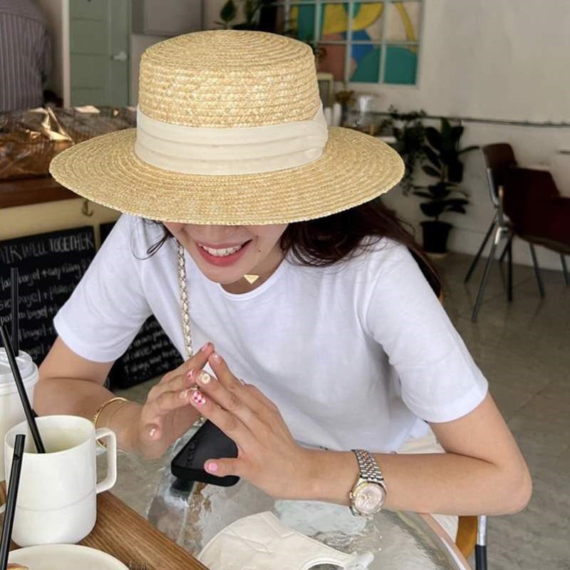 遮阳沙滩cm草帽法式女编织度假草编帽子平顶帽侧面新款巴拿马海边