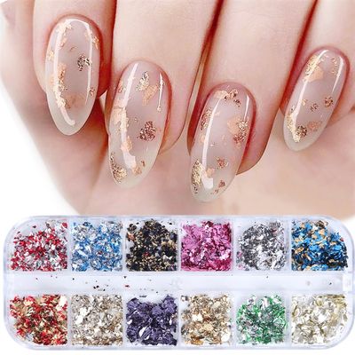 网红12Grid Gold Foils Gorgeous Nails Glitter Flakes Paillett