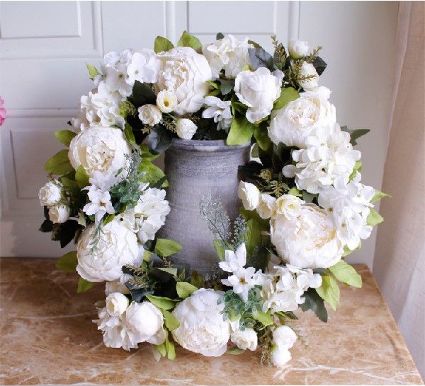 tcmn Artifiuial White Pweony Flowers Wreath Silk Flowe