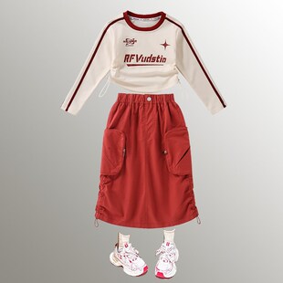 女童工装半身裙中长款春秋韩版洋气时尚过膝长裙女大童黑红色裙子