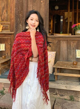 民族风披肩女云南西藏新疆旅行y针织红色斗篷毛衣流苏保暖披风外